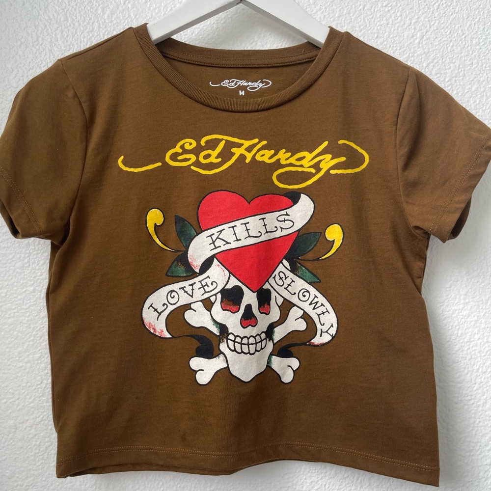 Ed Hardy Graphic Crop Tee Skull Brown Love Kills Slowly